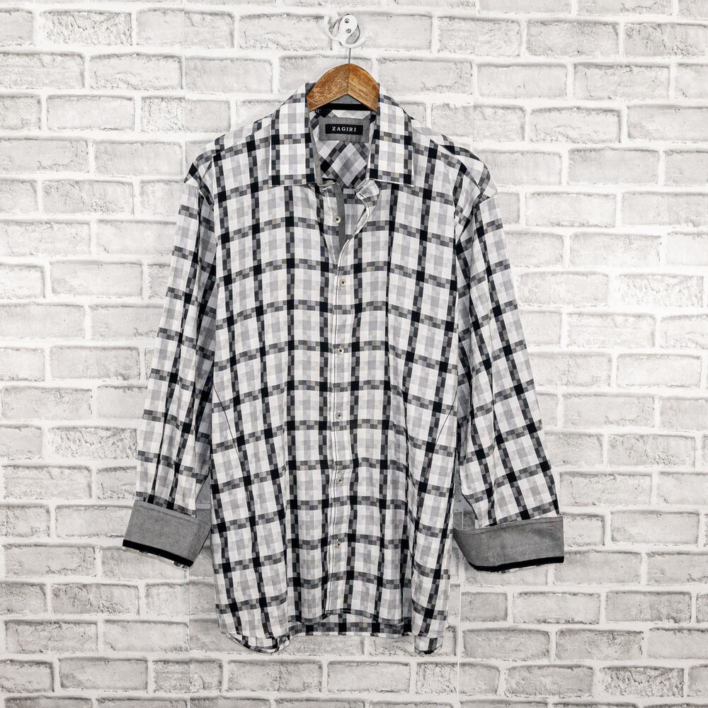 ZAGIRI Button up Shirt in White Gray Grid check flip cuffs size 2XL
